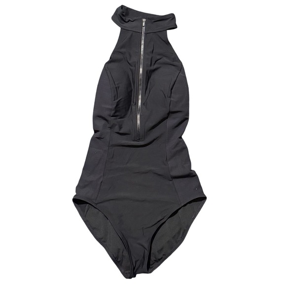Athleta Bonaire Black High Neck Zip Front Sleek One Piece Bathing Suit - Picture 2 of 6